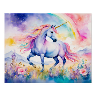 Póster Unicornio caminando bajo un arcoiris deslumbrante