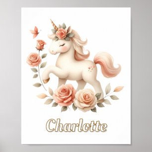 Póster Unicornio caprichoso pastel con rosas