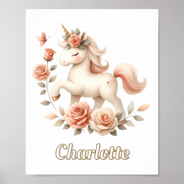 Póster Unicornio caprichoso pastel con rosas (Frente)