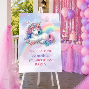 Póster Unicornio Caprichoso Rosa Cumpleaños Niña Bienveni