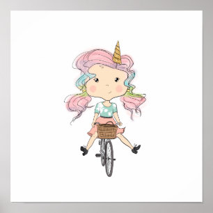 Póster Unicornio chica En Una Bicicleta