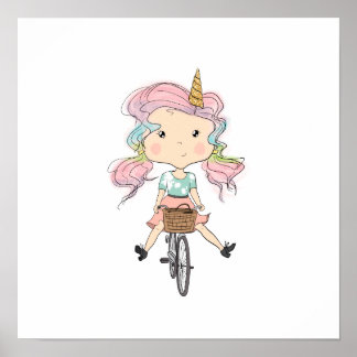 Póster Unicornio chica En Una Bicicleta