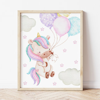 Póster Unicornio Colorido, Globos, Estrellas, Habitación 