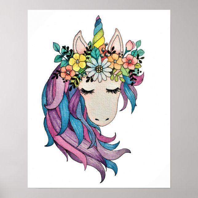 Póster Unicornio Con Flores Silvestres En Acuarela (Frente)