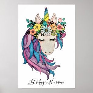 Póster Unicornio Con Flores Silvestres En Acuarela