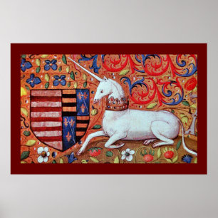 PÓSTER UNICORNIO CON MOTIVOS FLORALES ROJOS Y AZULES