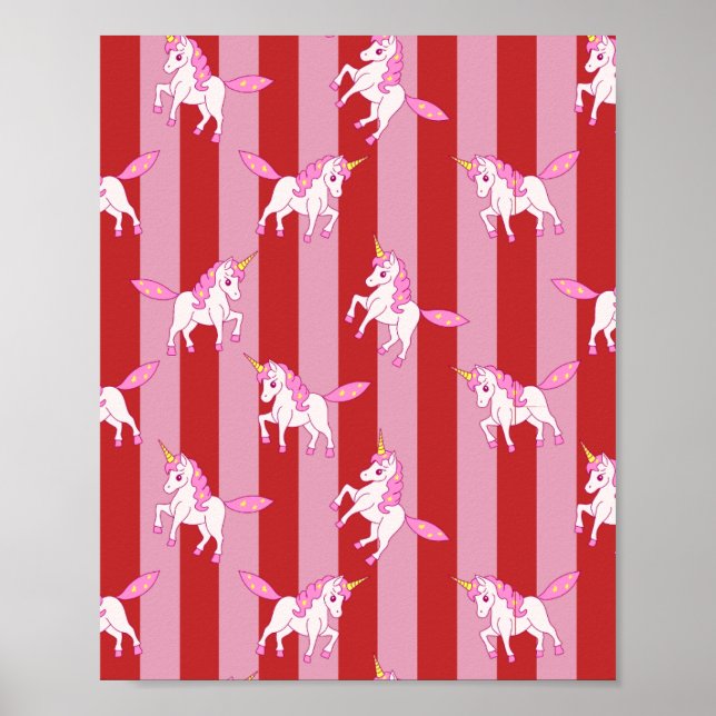 Póster Unicornio con rayas rosadas y rojas  (Frente)