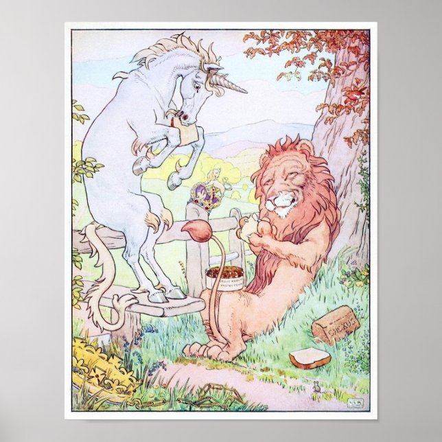 Póster Unicornio con un león (Frente)