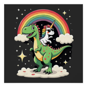 Póster Unicornio de Arcoíris montando T rex - Dinosaurio
