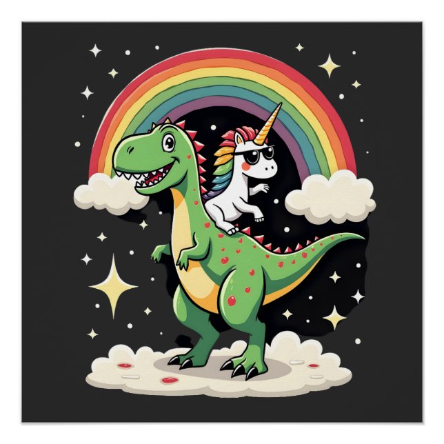 Póster Unicornio de Arcoíris montando T rex - Dinosaurio  (Anverso)