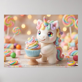 Póster Unicornio de Caramelo Pastel con Cupcake de Arcoír
