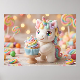 Póster Unicornio de Caramelo Pastel con Cupcake de Arcoír