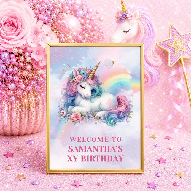 Póster Unicornio de Moda Cumpleaños de Niña Bienvenida Ro (Trendy Unicorn Pink Purple Girl Birthday Welcome)