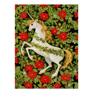 Póster Unicornio de Navidad Alegre Rojo Verde Blanco