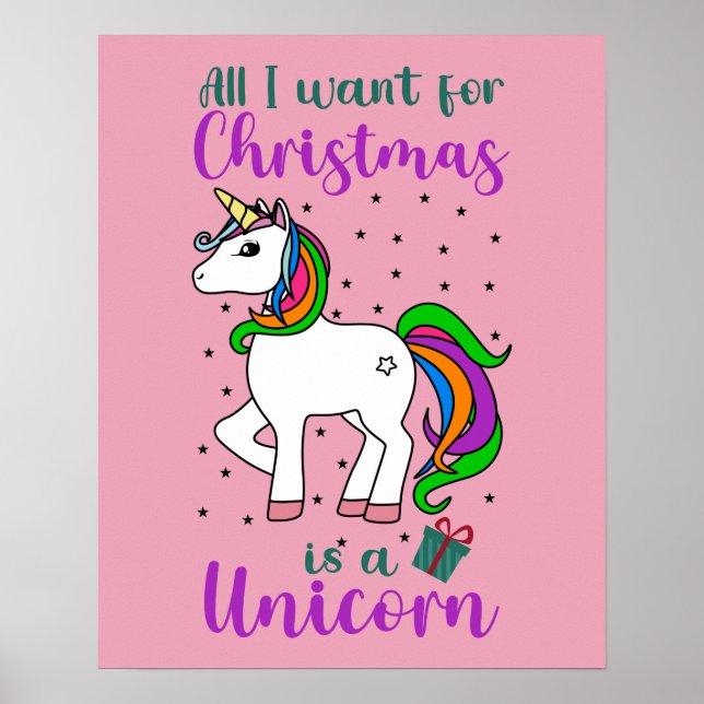Póster Unicornio de Navidad Arcoiris Mágico Verde Púrpura (Frente)