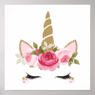 Póster Unicornio Dorado Floral Lindo Moderno