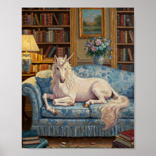 Póster Unicornio en Sofá Pintura Romántica al Óleo