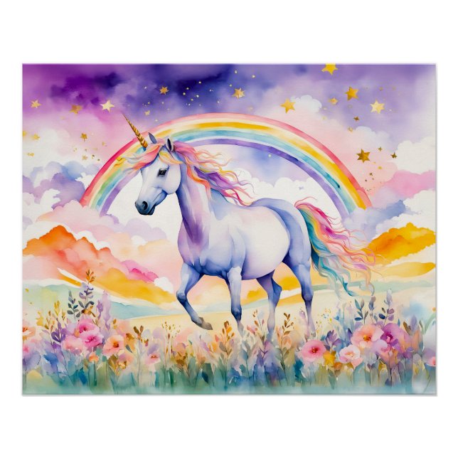 Póster Unicornio Encantado Bajo un Cielo de Arcoíris Bril (Anverso)