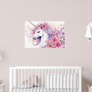 Póster Unicornio Floral Acuarela Agua de Rosas Rosa