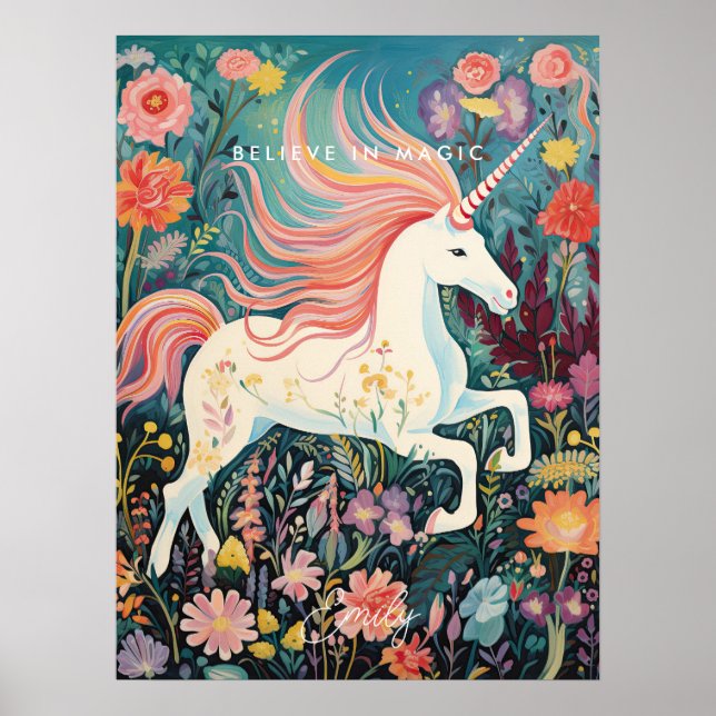 Póster unicornio floral mágico creer que el poster de la  (Frente)