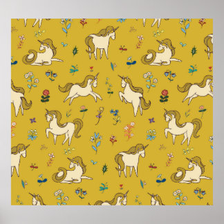 Póster Unicornio Forestal: Patrón Floral Vintage