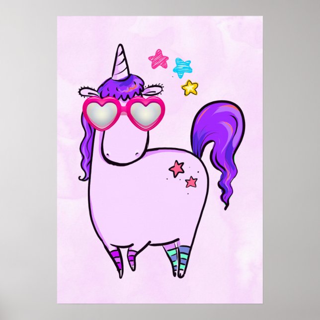 Póster Unicornio lindo en gafas cardiacas (Frente)