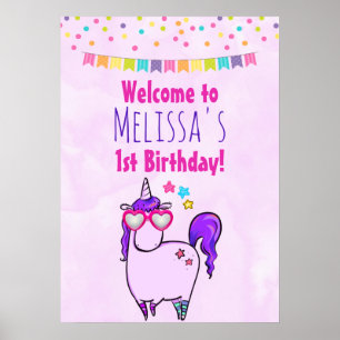 Póster Unicornio lindo en gafas cardiacas Cumpleaños