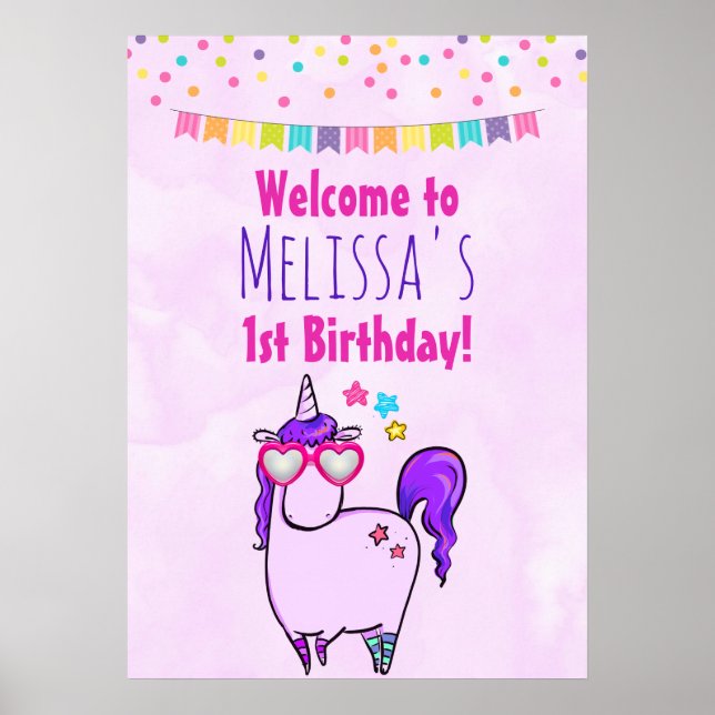 Póster Unicornio lindo en gafas cardiacas Cumpleaños (Frente)