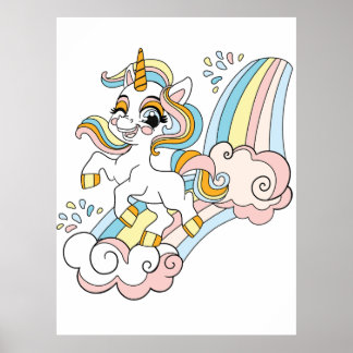 Póster Unicornio lindo en un arcoiris