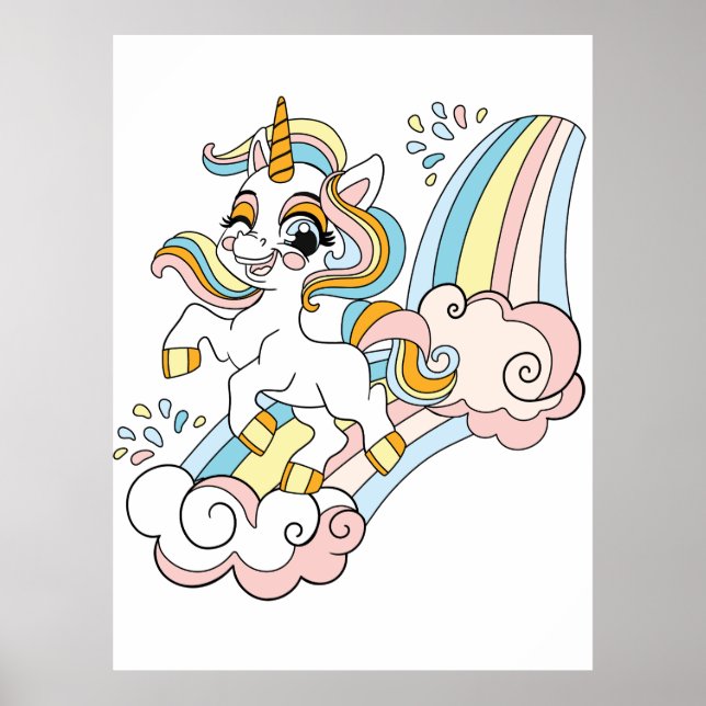 Póster Unicornio lindo en un arcoiris (Frente)