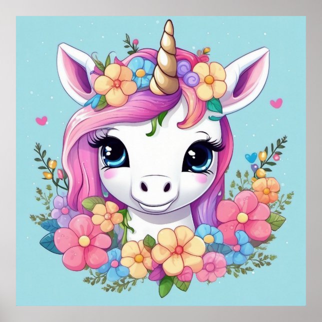 Póster Unicornio mágico con flores (Frente)
