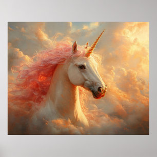 Póster Unicornio majestuoso en nubes de puesta de sol