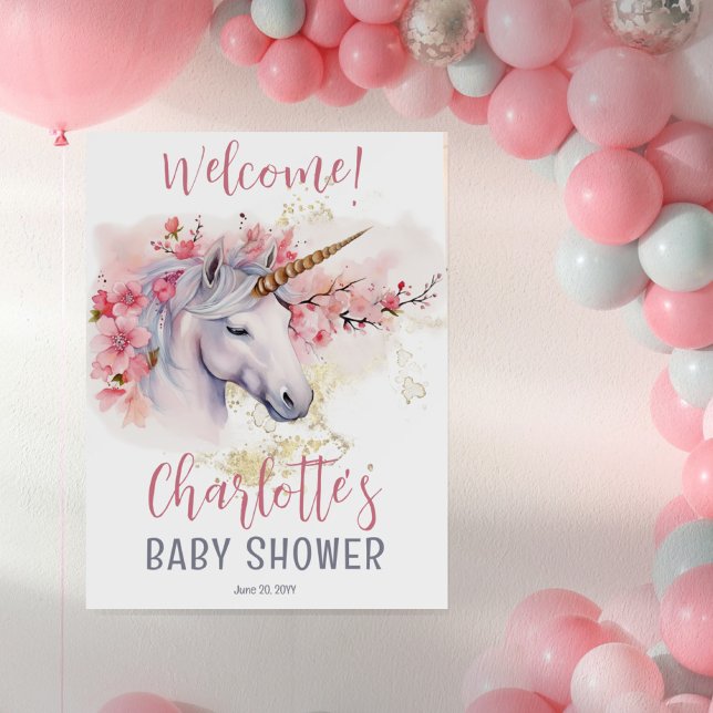 Póster Unicornio místico | Chica Floral Rosa Baby Shower (Subido por el creador)