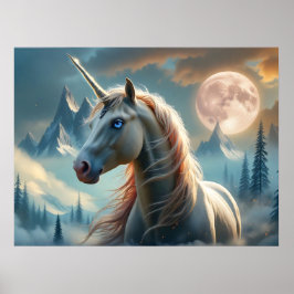 Póster Unicornio místico en montañas encantadas