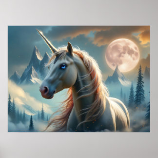 Póster Unicornio místico en montañas encantadas