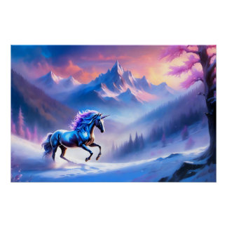 Póster Unicornio negro en un paisaje invernal de ensueño