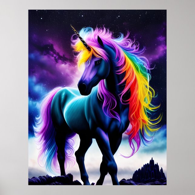 Póster Unicornio oscuro con arcoiris (Frente)