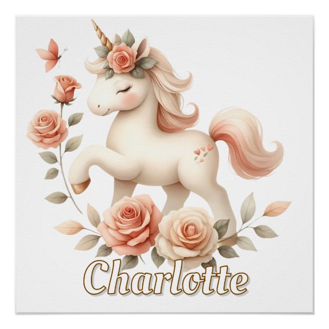 Póster Unicornio pastel caprichoso con rosas (Anverso)