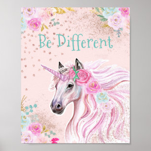 Póster Unicornio Rosa Turquesa Floral Brillo Dorado Glam