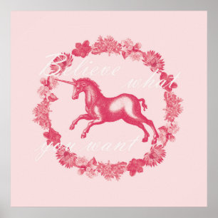 Póster Unicornio rosa y flores