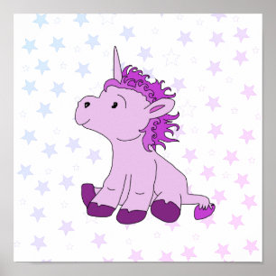 Póster Unicornio rosado con guardería Chica de estrellas