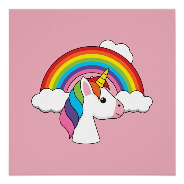 Póster Unicornio y arcoiris con nubes kawaii (Anverso)