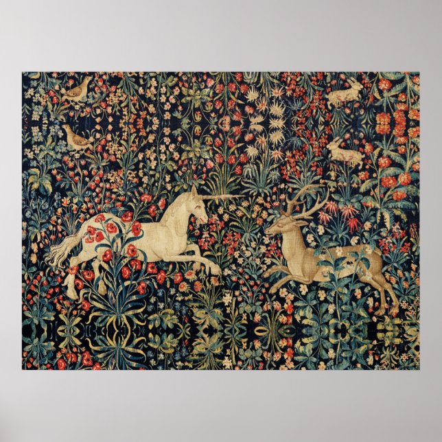 Póster UNICORNIO Y CIERVO, FLORES, ANIMALES DEL BOSQUE Fl (Frente)