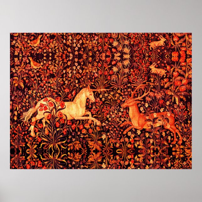 Póster UNICORNIO Y CIERVO, FLORES, ANIMALES DEL BOSQUE Ro (Frente)