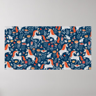 Póster Unicornios, conejos, pájaros, flores en un fondo a