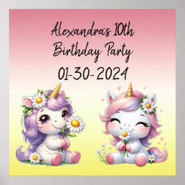 Póster Unicornios y margaritas, fiesta de cumpleaños infa