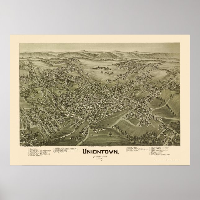 Póster Uniontown, Mapa Panorámico PA - 1897 (Frente)