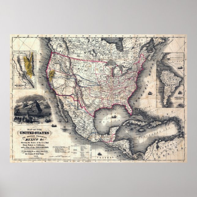 PÓSTER UNITED STATES CALIFORNIA GOLD RUSH MAP 1849 (Frente)