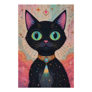 Póster Universo de gato negro futurista atómico