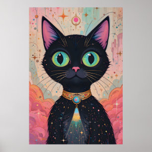 Póster Universo de gato negro futurista atómico